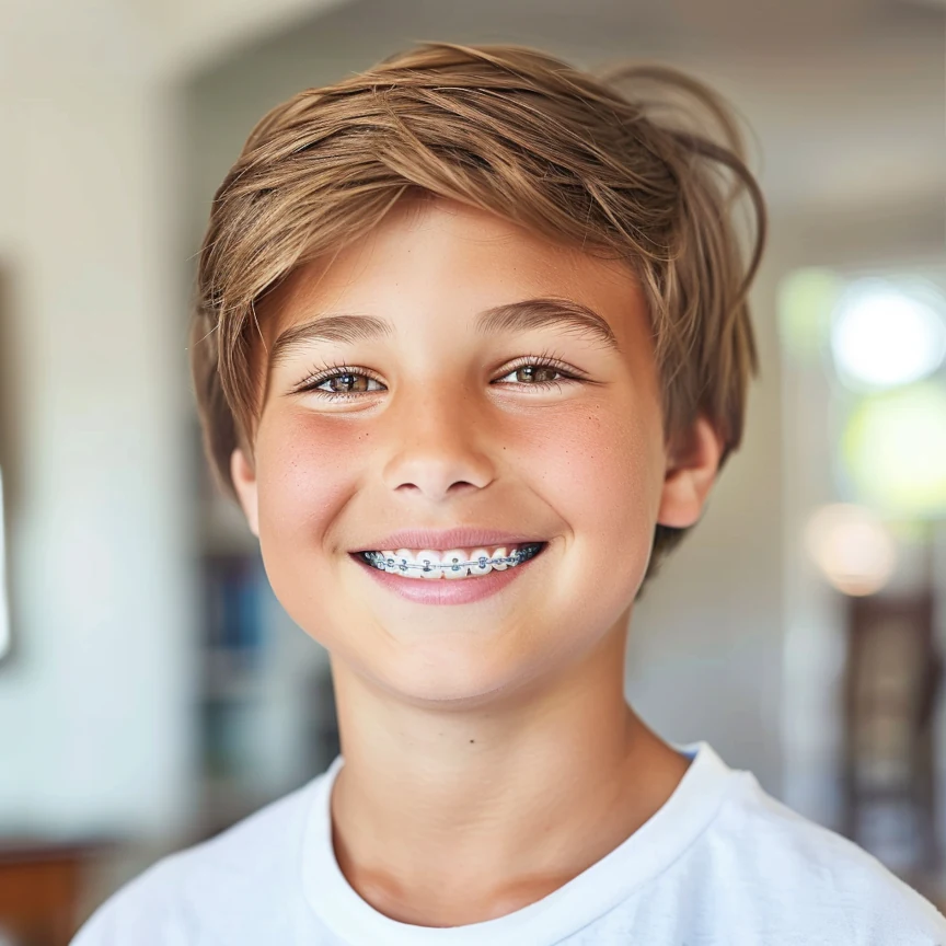 Happy young boy with modern metal braces smiling brightly