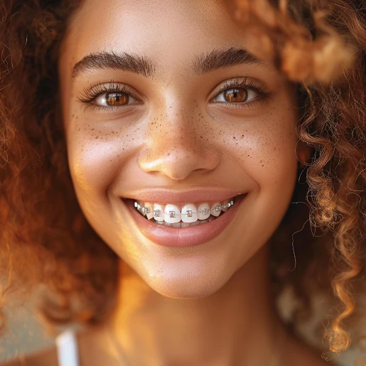 Smiling young woman with orthodontic braces on her teeth